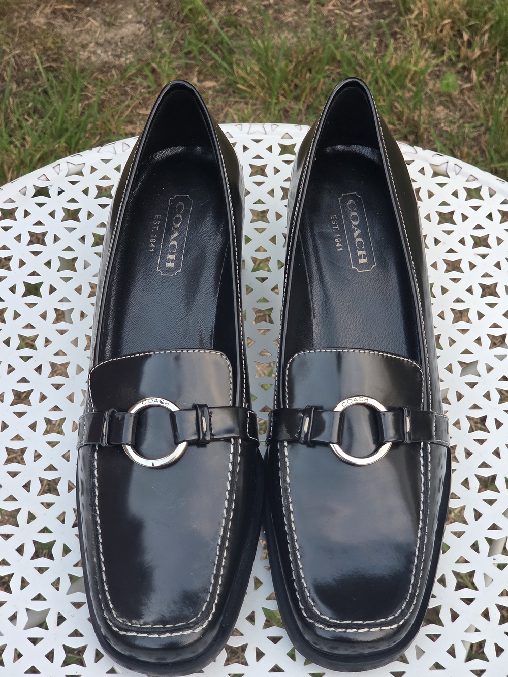 Coach Black Patent Leather Pumps Loafers Shoes with Silver Ring Accent 8.5